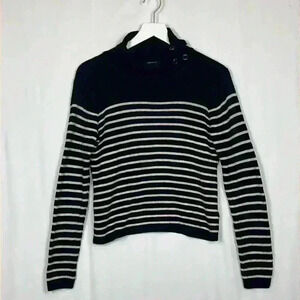 Forever 21 Womens Sweater Black/Cream Stripe M Ribbed Elbow Patches Turtleneck